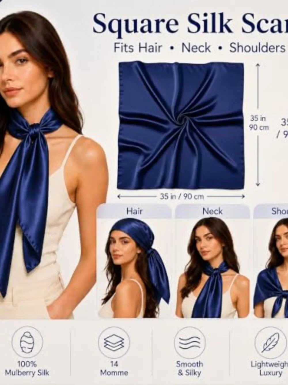 35x35 Pure Mulberry Silk Head Scarf - Anti-Frizz Sleep Wrap Hair Growth Bandana